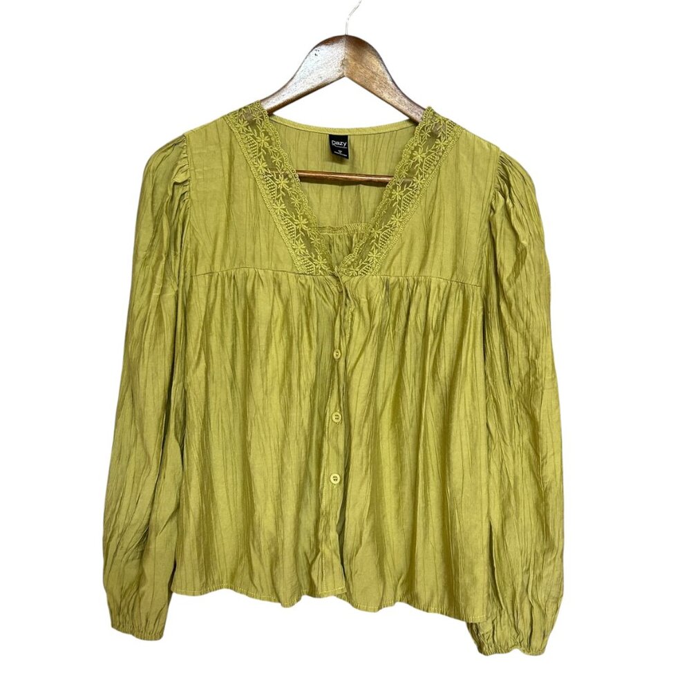 Dazy Button Front Lacy Neck Detailing Puffy Long Sleeve Babydoll Blouse Size XL
